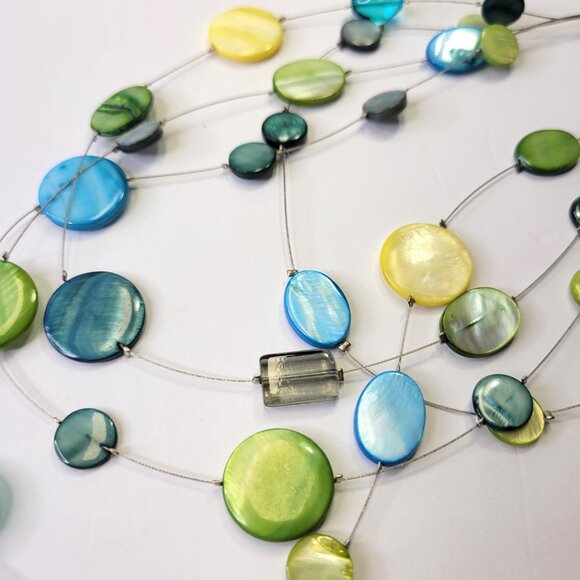 Floating Bead Necklace with Blue and Green Flat Round Discs - Picture 6 of 6